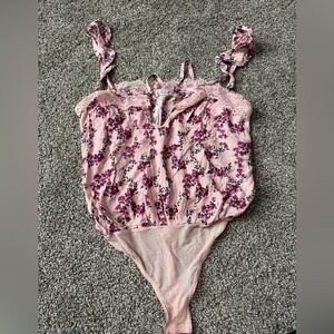 Floral Lace-Trim Pink Bodysuit with Tie Straps
